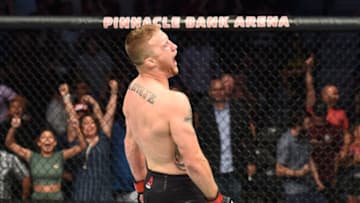 LINCOLN, NE - AUGUST 25: Justin Gaethje celebrates after his knockout victory over James Vick in their lightweight fight during the UFC Fight Night event at Pinnacle Bank Arena on August 25, 2018 in Lincoln, Nebraska. (Photo by Josh Hedges/Zuffa LLC/Zuffa LLC via Getty Images)