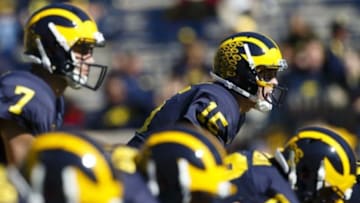 Oct 10, 2015; Ann Arbor, MI, USA; Michigan Wolverines quarterback Jake Rudock (15) warms up prior to the game against the Northwestern Wildcats at Michigan Stadium. Mandatory Credit: Rick Osentoski-USA TODAY Sports