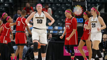 INDIANAPOLIS, IN - MARCH 09: Iowa Hawkeyes forward Megan GustafsonHear (10) reacts after getting fouled after the shot during the Women's B1G Tournament semi final game between the Iowa Hawkeyes and the Rutgers Scarlet Knights on March 09, 2019 at Bankers Life Fieldhouse, in Indianapolis Indiana.(Photo by Jeffrey Brown/Icon Sportswire via Getty Images)