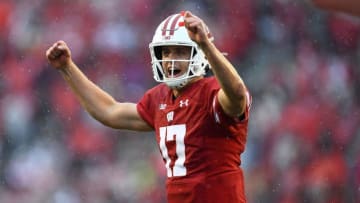 MADISON, WISCONSIN - OCTOBER 05: Jack Coan #17 of the Wisconsin Badgers reacts to a touchdown during the second half of a game against the Kent State Golden Flashes at Camp Randall Stadium on October 05, 2019 in Madison, Wisconsin. (Photo by Stacy Revere/Getty Images)