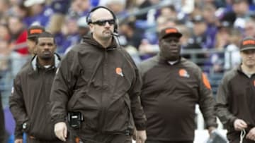 Dec 28, 2014; Baltimore, MD, USA; Cleveland Browns head coach Mike Pettine walks down the sidelines during the first quarter against the Baltimore Ravens at M&T Bank Stadium. Mandatory Credit: Tommy Gilligan-USA TODAY Sports
