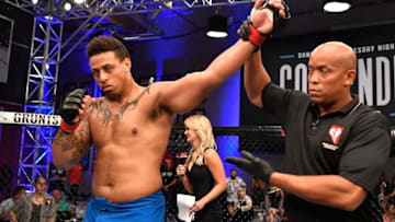 LAS VEGAS, NV - JUNE 12: Greg Hardy celebrates after knocking out Austen Lane in their heavyweight bout during Dana White's Tuesday Night Contender Series at the TUF Gym on June 12, 2018 in Las Vegas, Nevada. (Photo by Jeff Bottari/DWTNCS LLC)