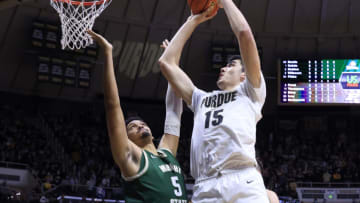 WEST LAFAYETTE, INDIANA - NOVEMBER 16: Zach Edey #15 of the Purdue Boilermakers takes a shot in the game against the Wright State Raiders at Mackey Arena on November 16, 2021 in West Lafayette, Indiana. (Photo by Justin Casterline/Getty Images)