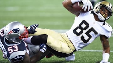 Aug 11, 2016; Foxborough, MA, USA; New England Patriots linebacker Ramon Humber (53) tackles New Orleans Saints wide receiver Jared Dangerfield (85) during the second half at Gillette Stadium. Mandatory Credit: Bob DeChiara-USA TODAY Sports
