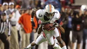 Nov 29, 2014; Tuscaloosa, AL, USA; Auburn Tigers defensive back Jonathan Jones (3) intercepts the ball in front of Alabama Crimson Tide wide receiver Christion Jones (22) in the third quarter at Bryant-Denny Stadium. Mandatory Credit: Marvin Gentry-USA TODAY Sports