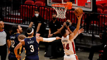 Miami Heat guard Tyler Herro (14) attempts to shoot the ball against the New Orleans Pelicans (Jasen Vinlove-USA TODAY Sports)