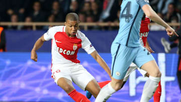 MONACO, MONACO - MARCH 15: Kylian Mbappe of Monaco in action during the UEFA Champions League Round of 16 second leg match between AS Monaco (ASM) and Manchester City FC at Stade Louis II on March 15, 2017 in Monaco, Monaco. (Photo by Jean Catuffe/Getty Images)