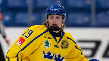 PLYMOUTH, MI - FEBRUARY 15: Nils Hoglander #19 of the Sweden Nationals follows the play against the Finland Nationals during the 2018 Under-18 Five Nations Tournament game at USA Hockey Arena on February 15, 2018 in Plymouth, Michigan. Finland defeated Sweden 5-3. (Photo by Dave Reginek/Getty Images)*** Local Caption *** Nils Hoglander