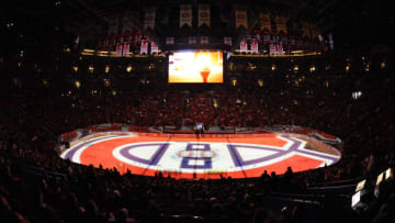Jan 19, 2013; Montreal, QC, CAN; On ice projection of the Canadiens logo during the warmup period at the Bell Centre. Mandatory Credit: Eric Bolte-USA TODAY Sports