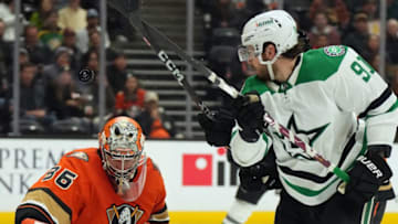 Jan 4, 2023; Anaheim, California, USA; Anaheim Ducks goaltender John Gibson (36) defends the goal against Dallas Stars center Tyler Seguin (91) in the second period at Honda Center. Mandatory Credit: Kirby Lee-USA TODAY Sports