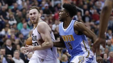 Nov 23, 2016; Salt Lake City, UT, USA; Utah Jazz forward Gordon Hayward (20) drives to the hoop against Denver Nuggets guard Malik Beasley (25) in the fourth quarter at Vivint Smart Home Arena. The Utah Jazz defeated the Denver Nuggets 108-83. Mandatory Credit: Jeff Swinger-USA TODAY Sports