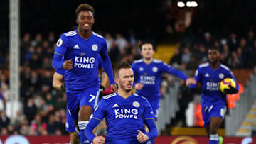LONDON, ENGLAND - DECEMBER 05: James Maddison of Leicester City celebrates with team mates Demarai Gray and Shinji Okazaki after scoring his team's first goal during the Premier League match between Fulham FC and Leicester City at Craven Cottage on December 5, 2018 in London, United Kingdom. (Photo by Clive Rose/Getty Images)
