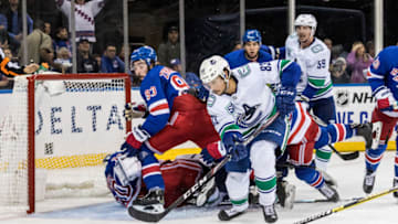 NEW YORK, NY - OCTOBER 20: Vancouver Canucks Center Jay Beagle (83) reaches out for the puck in front of an open net during the second period of a regular season NHL game between the Vancouver Canucks and the New York Rangers on October 20, 2019, at Madison Square Garden in New York, NY. (Photo by David Hahn/Icon Sportswire via Getty Images)