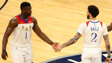 Zion Williamson and Lonzo Ball of the New Orleans Pelicans (Photo by Harrison Barden/Getty Images)