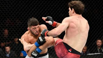EDMONTON, ALBERTA - JULY 27: (R-L) Olivier Aubin-Mercier of Canada kicks Arman Tsarukyan of Georgia in their lightweight bout during the UFC 240 event at Rogers Place on July 27, 2019 in Edmonton, Alberta, Canada. (Photo by Jeff Bottari/Zuffa LLC/Zuffa LLC)