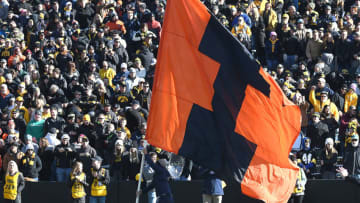 IOWA CITY, IA. - NOVEMBER 23: The Illinois block I flag as seen during a Big Ten Conference college football game between the Illinois Fighting Illini and the Iowa Hawkeyes on November 23, 2019, at Kinnick Stadium, Iowa City, IA. Photo by Keith Gillett/Icon Sportswire via Getty Images)