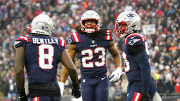 Jan 2, 2022; Foxborough, Massachusetts, USA; New England Patriots safety Kyle Dugger (23) reacts after intercepting a pass against the Jacksonville Jaguars in the second half at Gillette Stadium. Mandatory Credit: David Butler II-USA TODAY Sports