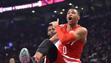 Feb 14, 2016; Toronto, Ontario, CAN; Western Conference guard Russell Westbrook of the Oklahoma City Thunder (0) reacts after a dunk in the first half of the NBA All Star Game at Air Canada Centre. Mandatory Credit: Bob Donnan-USA TODAY Sports