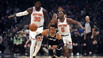 LOS ANGELES, CA - MARCH 11: Russell Westbrook #0 of the Los Angeles Clippers falls after stealing the ball from Julius Randle #30 and Immanuel Quickley #5 of the New York Knicks during the first half at Crypto.com Arena on March 11, 2023 in Los Angeles, California. NOTE TO USER: User expressly acknowledges and agrees that, by downloading and or using this photograph, User is consenting to the terms and conditions of the Getty Images License Agreement. (Photo by Kevork Djansezian/Getty Images)