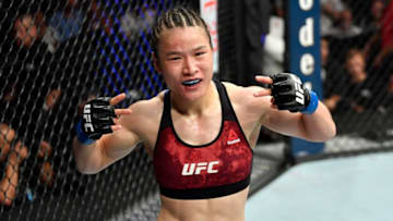 LOS ANGELES, CA - AUGUST 04: Weili Zhang of China reacts after the conclusion of her women's strawweight fight against Danielle Taylor during the UFC 227 event inside Staples Center on August 4, 2018 in Los Angeles, California. (Photo by Jeff Bottari/Zuffa LLC/Zuffa LLC via Getty Images)