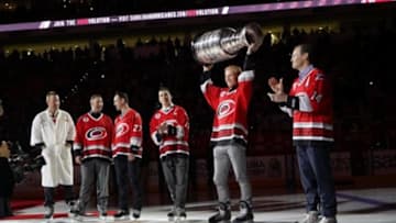 Feb 13, 2016; Raleigh, NC, USA; Carolina Hurricanes former players Kevin Adams, Glen Wesley, Rod Brinbd