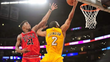 January 29, 2015; Los Angeles, CA, USA; Los Angeles Lakers guard Wayne Ellington (2) moves in for a basket against the defense of Chicago Bulls guard Jimmy Butler (21) during the second half at Staples Center. Mandatory Credit: Gary A. Vasquez-USA TODAY Sports
