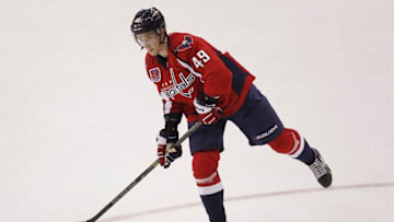 Apr 8, 2015; Washington, DC, USA; Washington Capitals right wing Stanislav Galiev (49) skates with the puck during warm ups prior to the Capitals