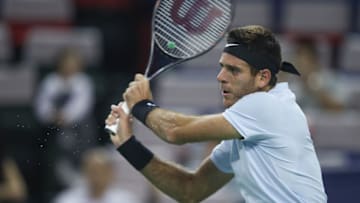 SHANGHAI, CHINA - OCTOBER 09: Juan Martin del Potro of Argentina returns a shot against during the Men's singles mach against Nikoloz Basilashvili of Georgia on day two of Shanghai Rolex Masters at Qi Zhong Tennis Centre on October 9, 2017 in Shanghai, China. (Photo by Lintao Zhang/Getty Images)
