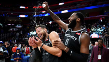 DETROIT, MI - NOVEMBER 23: Andre Drummond #0 of the Detroit Pistons celebrates with Blake Griffin #23 of the Detroit Pistons after winning the game against the Houston Rockets on November 23, 2018 at Little Caesars Arena in Detroit, Michigan. NOTE TO USER: User expressly acknowledges and agrees that, by downloading and/or using this photograph, User is consenting to the terms and conditions of the Getty Images License Agreement. Mandatory Copyright Notice: Copyright 2018 NBAE (Photo by Chris Schwegler/NBAE via Getty Images)