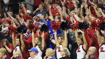 Jan 9, 2016; Oxford, MS, USA; Mississippi Rebels fans cheer from the stands during the second half against the Georgia Bulldogs at The Pavilion at Ole Miss. The Rebels won 72-71. Mandatory Credit: Spruce Derden-USA TODAY Sports
