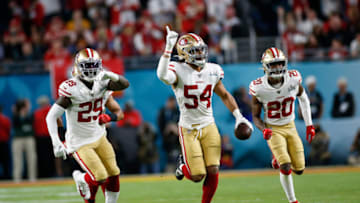 MIAMI, FLORIDA - FEBRUARY 2: Fred Warner #54 of the San Francisco 49ers celebrates after intercepting a pass against the Kansas City Chiefs in Super Bowl LIV at Hard Rock Stadium on February 2, 2020 in Miami, Florida. The Chiefs defeated the 49ers 31-20. (Photo by Michael Zagaris/San Francisco 49ers/Getty Images)