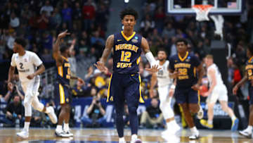 HARTFORD, CONNECTICUT - MARCH 21: Ja Morant #12 of the Murray State Racers celebrates scoring at the end of the first half during the first round game of the 2019 NCAA Men's Basketball Tournament against the Marquette Golden Eagles at XL Center on March 21, 2019 in Hartford, Connecticut. (Photo by Maddie Meyer/Getty Images)