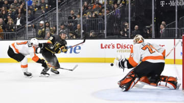 LAS VEGAS, NEVADA - JANUARY 02: Carter Hart #79 of the Philadelphia Flyers saves a shot by William Carrier #28 of the Vegas Golden Knights during the third period at T-Mobile Arena on January 02, 2020 in Las Vegas, Nevada. (Photo by Jeff Bottari/NHLI via Getty Images)