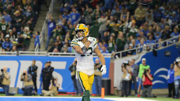DETROIT, MI - DECEMBER 29: Allen Lazard #13 of the Green Bay Packers celebrates his fourth quarter touchdown pass against the Detroit Lions at Ford Field on December 29, 2019 in Detroit, Michigan. (Photo by Rey Del Rio/Getty Images)