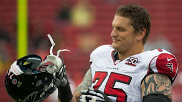 November 8, 2015; Santa Clara, CA, USA; Atlanta Falcons tackle Jake Long (75) puts on his helmet before the game against the San Francisco 49ers at Levi