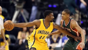 Mar 12, 2015; Indianapolis, IN, USA; Indiana Pacers forward Solomon Hill (3) posts up against Milwaukee Bucks guard Giannis Antekounmpo (34) at Bankers Life Fieldhouse. Mandatory Credit: Brian Spurlock-USA TODAY Sports