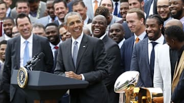 Jun 6, 2016; Washington, DC, USA; President Barack Obama speaks at a ceremony honoring the NFL Super Bowl Champion Denver Broncos in the Rose Garden at The White House. Mandatory Credit: Geoff Burke-USA TODAY Sports