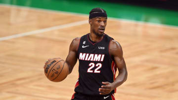 May 25, 2023; Boston, Massachusetts, USA; Miami Heat forward Jimmy Butler (22) controls the ball in the third quarter against the Boston Celtics during game five of the Eastern Conference Finals for the 2023 NBA playoffs at TD Garden. Mandatory Credit: Brian Fluharty-USA TODAY Sports