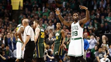 Feb 29, 2016; Boston, MA, USA; Boston Celtics forward Jae Crowder (99) celebrates against the Utah Jazz during the second half at TD Garden. Mandatory Credit: Mark L. Baer-USA TODAY Sports