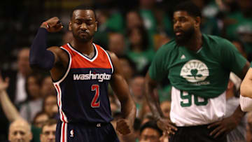 BOSTON, MA - MAY 15: John Wall #2 of the Washington Wizards reacts against the Boston Celtics during Game Seven of the NBA Eastern Conference Semi-Finals at TD Garden on May 15, 2017 in Boston, Massachusetts. NOTE TO USER: User expressly acknowledges and agrees that, by downloading and or using this photograph, User is consenting to the terms and conditions of the Getty Images License Agreement. (Photo by Elsa/Getty Images)