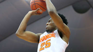 SYRACUSE, NY - DECEMBER 04: Tyus Battle #25 of the Syracuse Orange shoots the ball against the Northeastern Huskies during the second half at the Carrier Dome on December 4, 2018 in Syracuse, New York. Syracuse defeated Northeastern 72-49. (Photo by Rich Barnes/Getty Images)