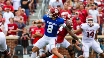 Apr 23, 2022; Norman, Oklahoma, USA; Oklahoma Sooners quarterback Dillon Gabriel (8) throws a pass during the spring game at Gaylord Family Oklahoma Memorial Stadium. Mandatory Credit: Kevin Jairaj-USA TODAY Sports