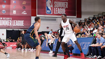 Las Vegas, NV - JULY 7: Kendrick Nunn #25 of the Miami Heat handles the ball during the game against the Utah Jazz during Day 3 of the 2019 Las Vegas Summer League on July 7, 2019 at the Cox Pavilion in Las Vegas, Nevada. NOTE TO USER: User expressly acknowledges and agrees that, by downloading and or using this Photograph, user is consenting to the terms and conditions of the Getty Images License Agreement. Mandatory Copyright Notice: Copyright 2019 NBAE (Photo by David Dow/NBAE via Getty Images)