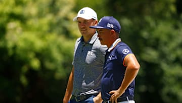 FORT WORTH, TEXAS - JUNE 11: Jordan Spieth of the United States talks to Rickie Fowler of the United States on the fifth hole during the first round of the Charles Schwab Challenge on June 11, 2020 at Colonial Country Club in Fort Worth, Texas. (Photo by Tom Pennington/Getty Images)