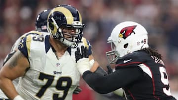GLENDALE, AZ - OCTOBER 02: Offensive tackle Rob Havenstein, left, must work to improve the right side of the Rams offensive line with guard Jamon Brown. (Photo by Christian Petersen/Getty Images)