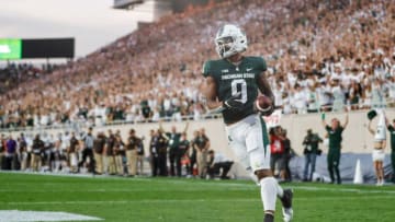 Michigan State wide receiver Keon Coleman (0) scores a touchdown against Western Michigan during the first half at Spartan Stadium in East Lansing on Friday, Sept. 2, 2022.
