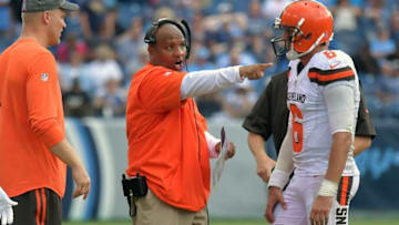 Oct 16, 2016; Nashville, TN, USA; Cleveland Browns head coach Hue Jackson during the second half against the Tennessee Titans at Nissan Stadium. Tennessee won 28-26. Mandatory Credit: Jim Brown-USA TODAY Sports
