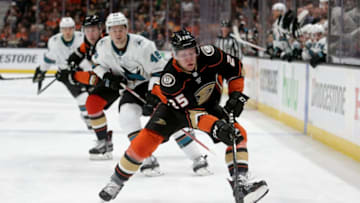 ANAHEIM, CA - APRIL 12: Ondrej Kase #25 of the Anaheim Ducks is pursued by Tomas Hertl #48 of the San Jose Sharks. (Photo by Jeff Gross/Getty Images)