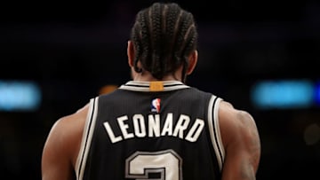 LOS ANGELES, CA - NOVEMBER 18: Kawhi Leonard #2 of the San Antonio Spurs looks on during the first half of a game against the Los Angeles Lakers at Staples Center on November 18, 2016 in Los Angeles, California. NOTE TO USER: User expressly acknowledges and agrees that, by downloading and or using this photograph, User is consenting to the terms and conditions of the Getty Images License Agreement (Photo by Sean M. Haffey/Getty Images)