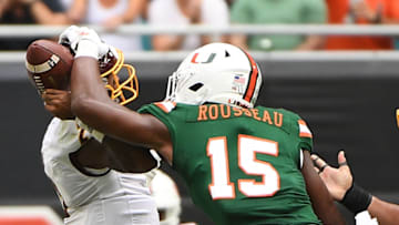 MIAMI, FLORIDA - SEPTEMBER 21: Gregory Rousseau #15 of the Miami Hurricanes sacks David Moore #2 of the Central Michigan Chippewas in the first half against the at Hard Rock Stadium on September 21, 2019 in Miami, Florida. (Photo by Mark Brown/Getty Images)